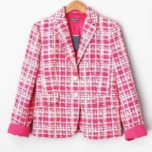 Ann Taylor Pink Ivory Plaid Cotton Tweed 2 Button Blazer Jacket 8
